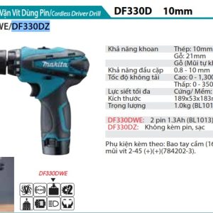 Máy Khoan Và Vặn Vít Dùng Pin(10.8V) (không kèm pin sạc) - Makita DF330DZ