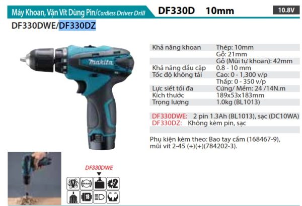 Máy Khoan Và Vặn Vít Dùng Pin(10.8V) (không kèm pin sạc) - Makita DF330DZ