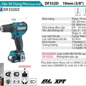 Máy Khoan Và Vặn Vít Dùng Pin(BL) (kèm 02 pin 2.0 + sạc) - Makita DF332DSAE