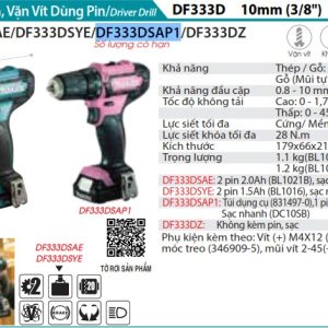 Máy Khoan Và Vặn Vít Dùng Pin(12V MAX) (kèm 01 pin + sạc) - Makita DF333DSAP1