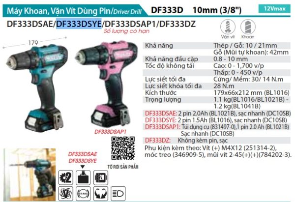 Máy Khoan Và Vặn Vít Dùng Pin(12V MAX) (kèm 02 pin 1.5AH + sạc) - Makita DF333DSYE