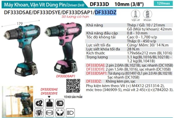 Máy Khoan Và Vặn Vít Dùng Pin(12V MAX) (không kèm pin sạc) - Makita DF333DZ