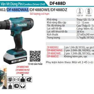 Máy Khoan Và Vặn Vít Dùng Pin (kèm 02 pin 2.0+ sạc) - Makita DF488DWAE