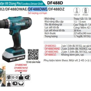 Máy Khoan Và Vặn Vít Dùng Pin(BL1815G*2+ (kèm 02 pin + sạc) - Makita DF488DWE