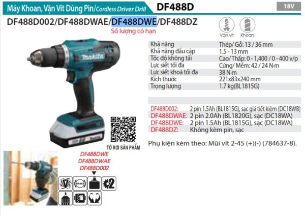 Máy Khoan Và Vặn Vít Dùng Pin(BL1815G*2+ (kèm 02 pin + sạc) - Makita DF488DWE