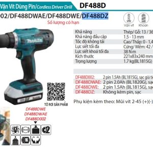 Máy Khoan Và Vặn Vít Dùng Pin(18V) (không kèm pin sạc) - Makita DF488DZ