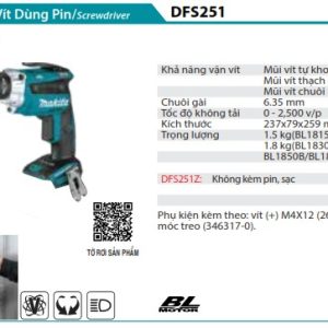 Máy Vặn Vít Dùng Pin(BL)(18V) (không kèm pin sạc) - Makita DFS251Z