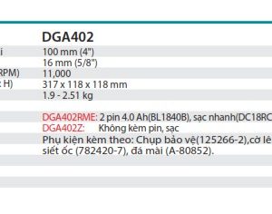 Máy Mài Góc Dùng Pin (kèm 02 pin 4.0Ah + sạc nhanh) - Makita DGA402RME