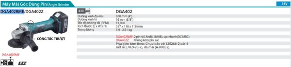 Máy Mài Góc Dùng Pin (kèm 02 pin 4.0Ah + sạc nhanh) - Makita DGA402RME