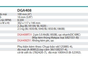 Máy Mài Góc Dùng Pin (kèm 02 pin 5.0 + sạc nhanh) - Makita DGA408RTJ1