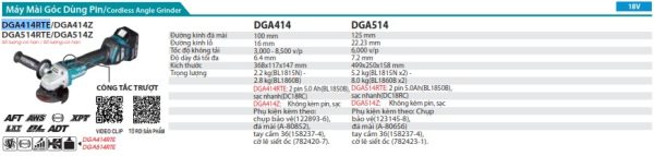 Máy Mài Góc Dùng Pin(kèm 02 pin 5.0 + sạc nhanh) - Makita DGA414RTE