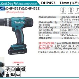 Máy Khoan Búa Và Vặn Vít Dùng Pin(18V) (kèm 01 pin 3.0 + sạc) - Makita DHP453SFX8