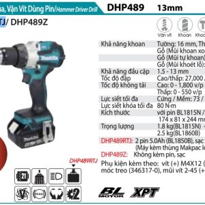 Máy Khoan Búa Và Vặn Vít Dùng Pin(BL)(18V) (kèm 02 pin 5.0 + sạc) - Makita DHP489RTJ