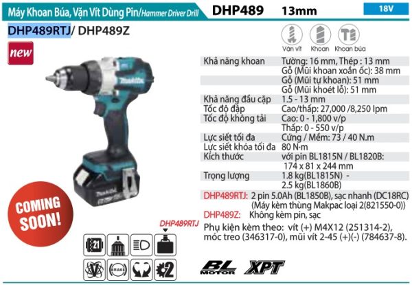 Máy Khoan Búa Và Vặn Vít Dùng Pin(BL)(18V) (kèm 02 pin 5.0 + sạc) - Makita DHP489RTJ