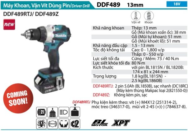 Máy Khoan Búa Và Vặn Vít Dùng Pin(BL)(18V) (không kèm pin sạc) - Makita DHP489Z