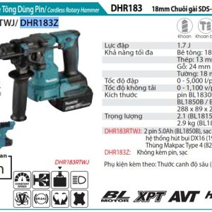 Máy Khoan Bê Tông Dùng Pin(CHUÔI GÀI SDS'-PLUS/18MM/BL)(18V) - Makita DHR183Z