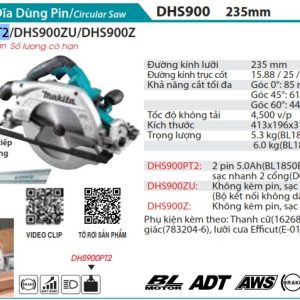 Máy Cưa Đĩa Dùng Pin(235MM/AWS/BL)(18Vx2 (kèm 02 pin 5.0 + sạc nhanh) - Makita DHS900PT2