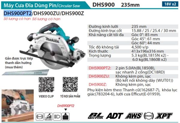 Máy Cưa Đĩa Dùng Pin(235MM/AWS/BL)(18Vx2 (kèm 02 pin 5.0 + sạc nhanh) - Makita DHS900PT2