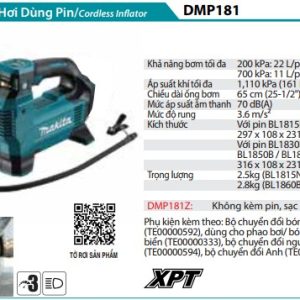 Máy Bơm Hơi Dùng Pin(18V) (không kèm pin sạc) - Makita DMP181Z