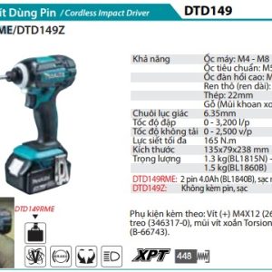 Máy Bắt Vít Dùng Pin(18V) (kèm 02 pin 4.0Ah + sạc nhanh) - Makita DTD149RME