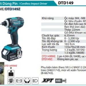 Máy Bắt Vít Dùng Pin(18V) (không kèm pin sạc) - Makita DTD149Z