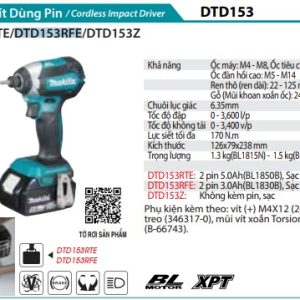 Máy Bắt Vít Dùng Pin(BL)(18V) (kèm 02 pin 3.0 + sạc nhanh) - Makita DTD153RFE