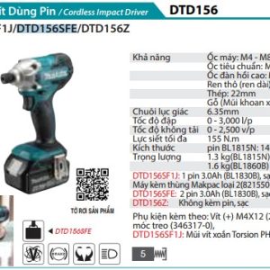 Máy Bắt Vặn Vít Dùng Pin(BL1830B*2+DC18SD+ (kèm 02 pin 3.0 + sạc) - Makita DTD156SFE