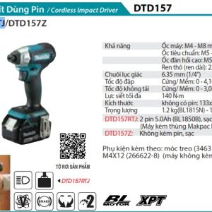 Máy Bắt Vít Dùng Pin(BL)(18V) (kèm 02 pin 5.0 + sạc nhanh) - Makita DTD157RTJ