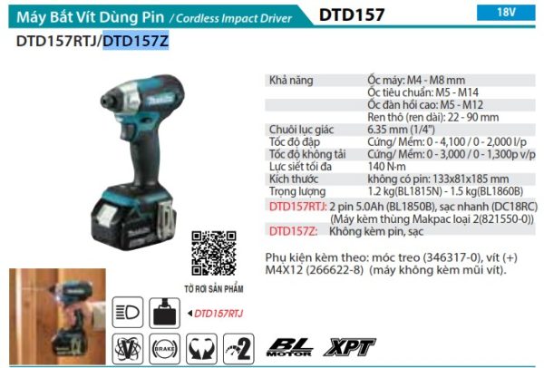 Máy Bắt Vít Dùng Pin(BL)(18V) (không kèm pin sạc) - Makita DTD157Z