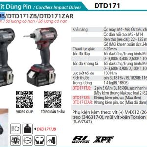 Máy Bắt Vít Dùng Pin(BL)(18V) (kèm 02 pin 5.0 + sạc nhanh) - Makita DTD171TJB