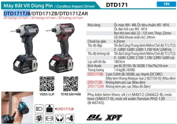 Máy Bắt Vít Dùng Pin(BL)(18V) (kèm 02 pin 5.0 + sạc nhanh) - Makita DTD171TJB