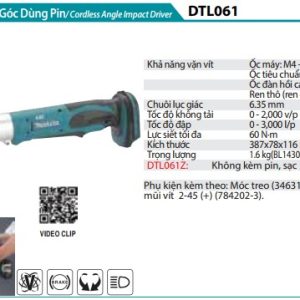 Máy Bắt Vít Góc Dùng Pin(18V) (không kèm pin sạc) - Makita DTL061Z