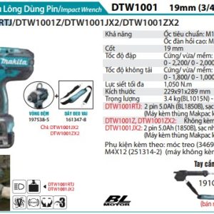 Máy Siết Bu Lông Dùng Pin(19MM/BL)(18V) (kèm 02 pin 5.0 + sạc nhanh) - Makita DTW1001RTJ