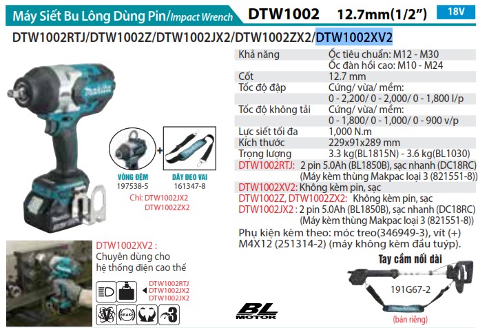 Máy Siết Bu Lông Dùng Pin (Không kèm pin sạc) - Makita DTW1002XV2