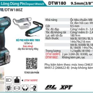 Máy Siết Bu Lông Dùng Pin(9.5MM/BL)(18V) (kèm 02 pin 3.0 + sạc nhanh) - Makita DTW180RFE