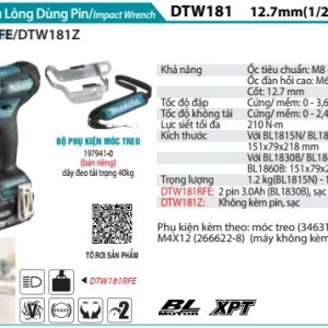 Máy Siết Bu Lông Dùng Pin(12.7MM/BL) (kèm 02 pin 3.0 + sạc nhanh) - Makita DTW181RFE