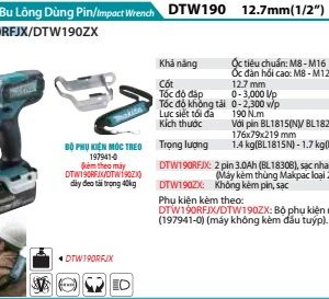 Máy Siết Bu Lông Dùng Pin(12.7MM (kèm 02 pin 3.0 + sạc nhanh) - Makita DTW190RFJX