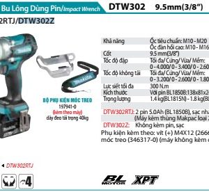 Máy Siết Bu Lông Dùng Pin(9.5MM/ (không kèm pin sạc) - Makita DTW302Z