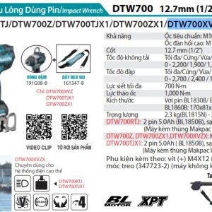 Máy Siết Bu Lông Dùng Pin(12.7MM/DÂY ĐEO (không kèm pin sạc) - Makita DTW700XVZX