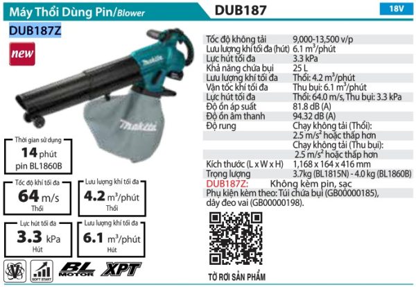 Máy Thổi Và Hút Bụi Dùng Pin(BL)(18V) - Makita DUB187Z