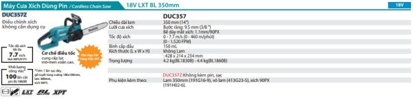 Máy Cưa Xích Dùng Pin(350MM/90PX/BL)18V (không kèm pin sạc) - Makita DUC357Z