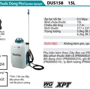 Máy Phun Thuốc Dùng Pin(15L)(18V) (không kèm pin sạc) - Makita DUS158Z