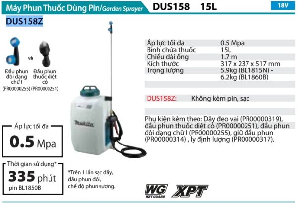 Máy Phun Thuốc Dùng Pin(15L)(18V) (không kèm pin sạc) - Makita DUS158Z