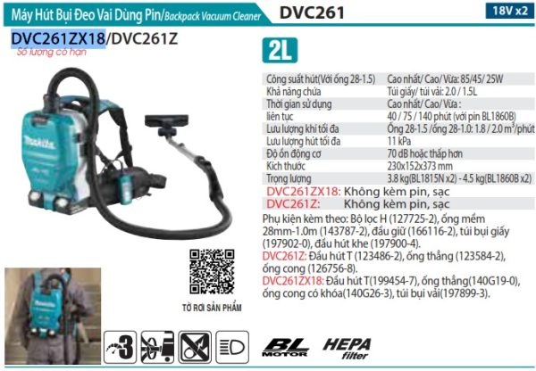 Máy Hút Bụi Đeo Vai Dùng Pin - Makita DVC261ZX18