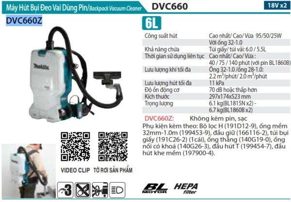 Máy Hút Bụi Đeo Vai Dùng Pin(HEPA/BL)(18 (không kèm pin sạc) - Makita DVC660Z