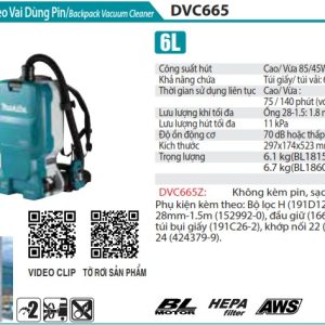 Máy Hút Bụi Đeo Vai Dùng Pin(HEPA/BL)(18 (không kèm pin sạc) - Makita DVC665Z