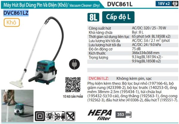 Máy Hút Bụi Dùng Pin Và Điện(HEPA) (không kèm pin sạc) - Makita DVC861LZ