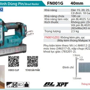 Máy Bắn Đinh Dùng Pin(40MM/BL)(40V MAX) (không kèm pin sạc) - Makita FN001GZ02