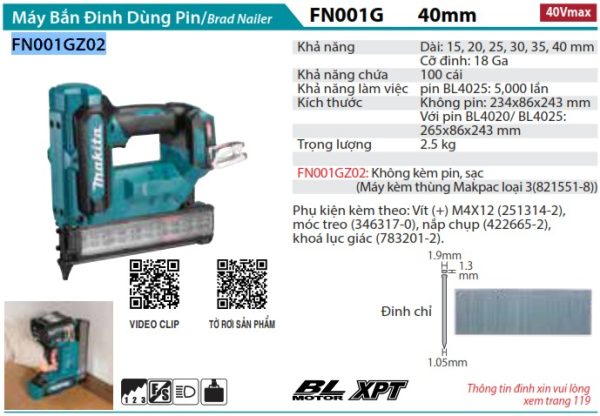 Máy Bắn Đinh Dùng Pin(40MM/BL)(40V MAX) (không kèm pin sạc) - Makita FN001GZ02