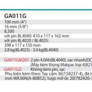 Máy Mài Góc Dùng Pin(kèm 02 pin 4.0Ah + sạc nhanh) - Makita GA011GM201